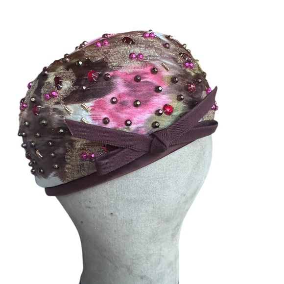 1940s Francois Paris New York Close-Fitted Cap w/Floral Pattern w/Pink & Gold To main image 5